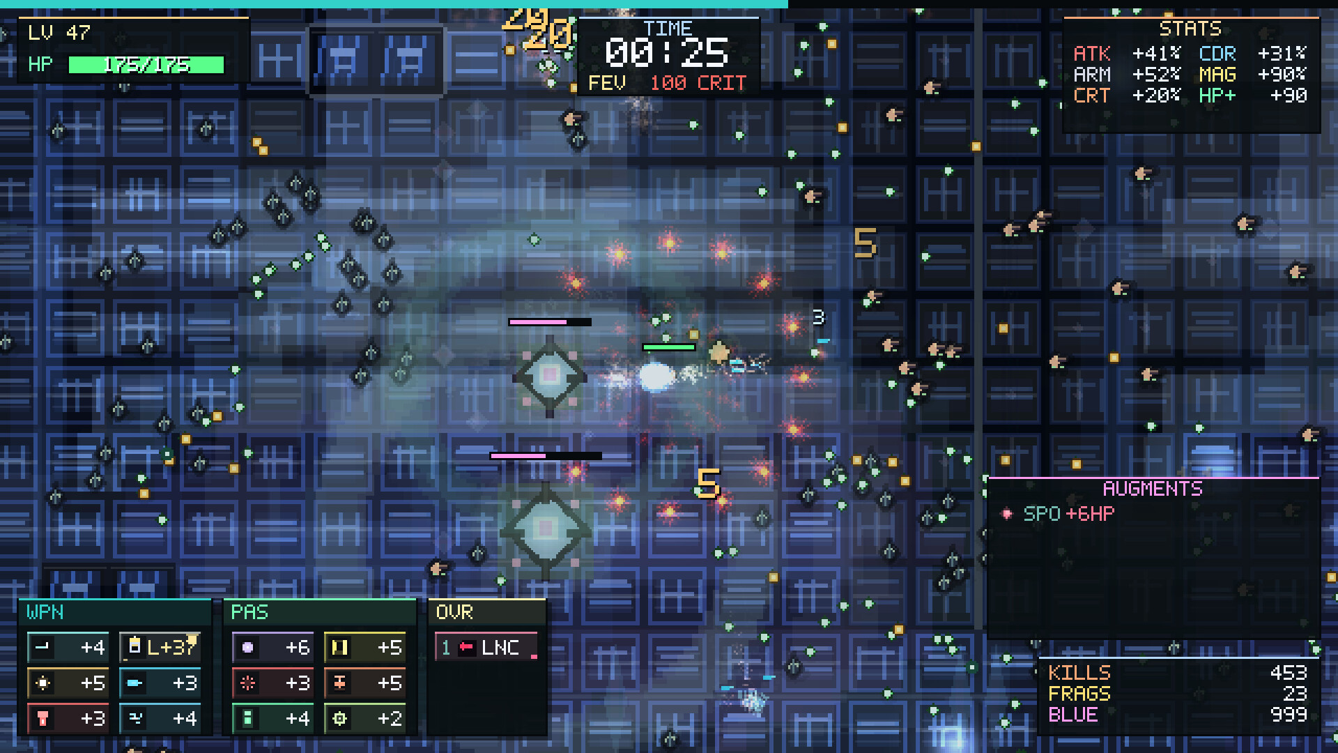 Immunity Protocol gameplay screenshot showing neon pixel-art horde-survival action